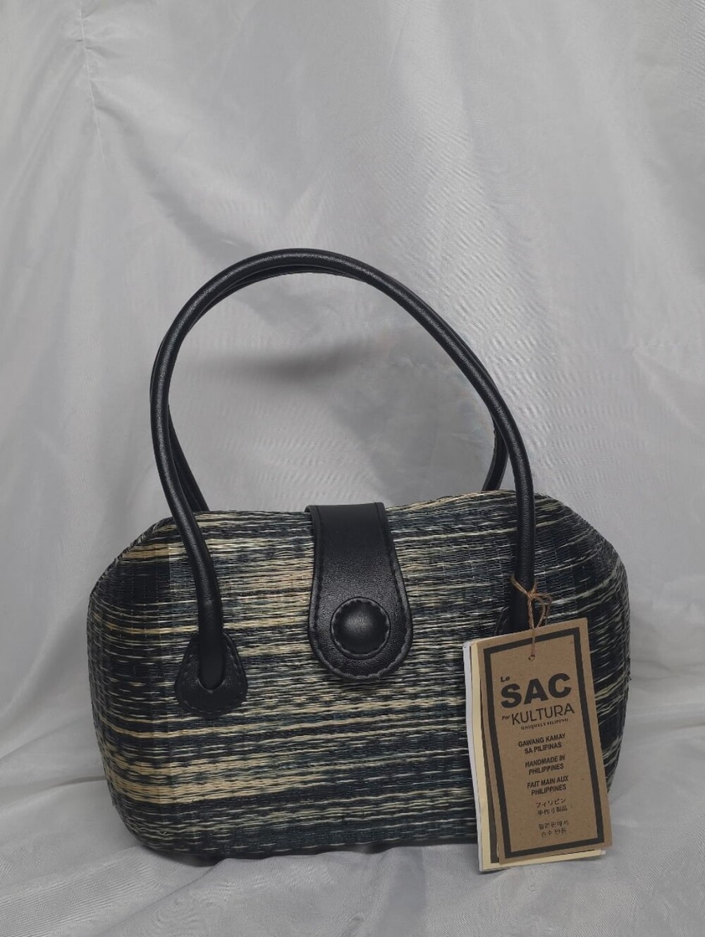 NWT Le Sac for Kultura Handwoven Buri Palm Barrel Bag Black